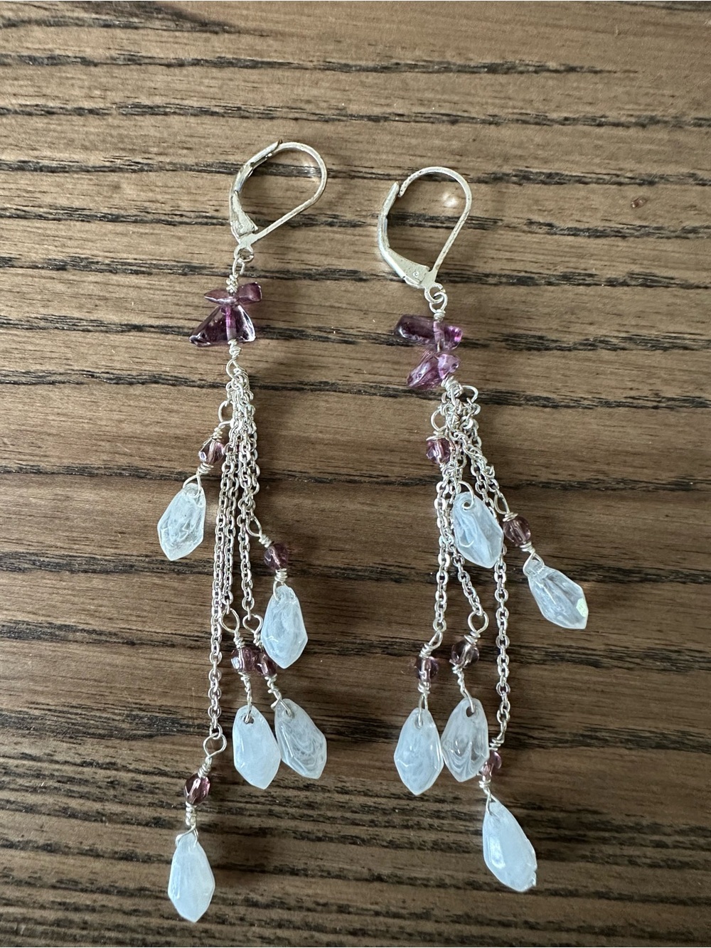 Boho Silver Tone Waterfall Chain Drop Earrings Amethyst Purple Glass Beads